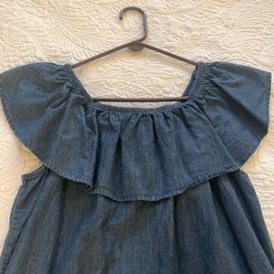 DRESS-On the shoulder or off the shoulder, ruffle top denim fabric dress